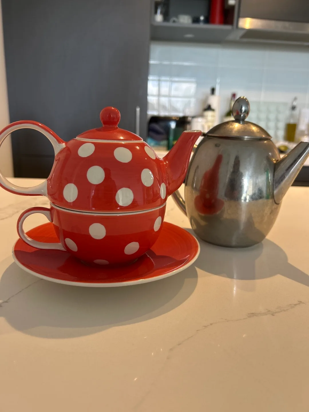 Red Polka Dot Teapot and Cup Set with Stainless Steel Teapot thumbnail