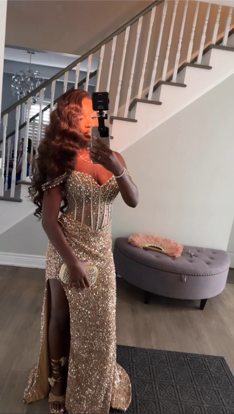 Stunning Gold Sequin Prom Dress with High Leg Slit