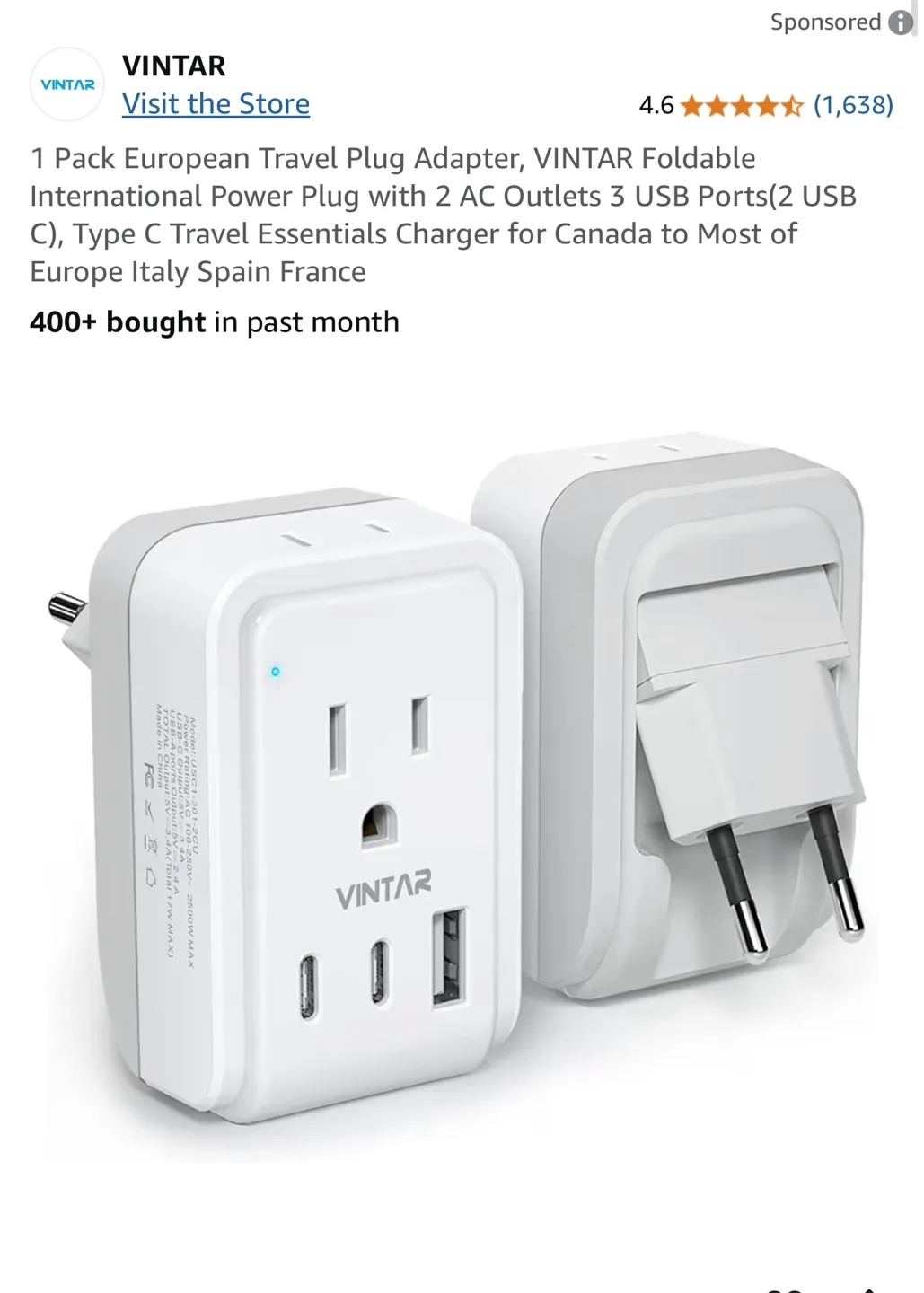 VINTAR Foldable European Travel Plug Adapter thumbnail