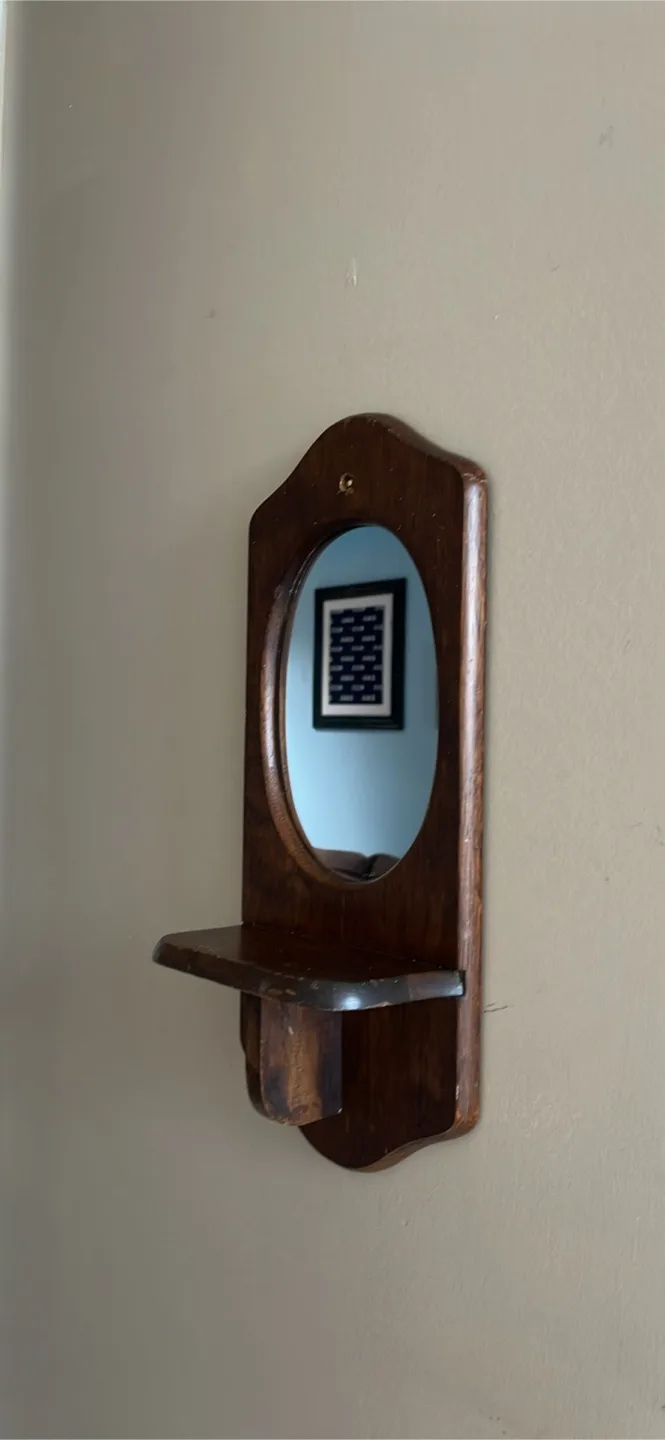Vintage Wooden Wall Mirror with Shelf thumbnail
