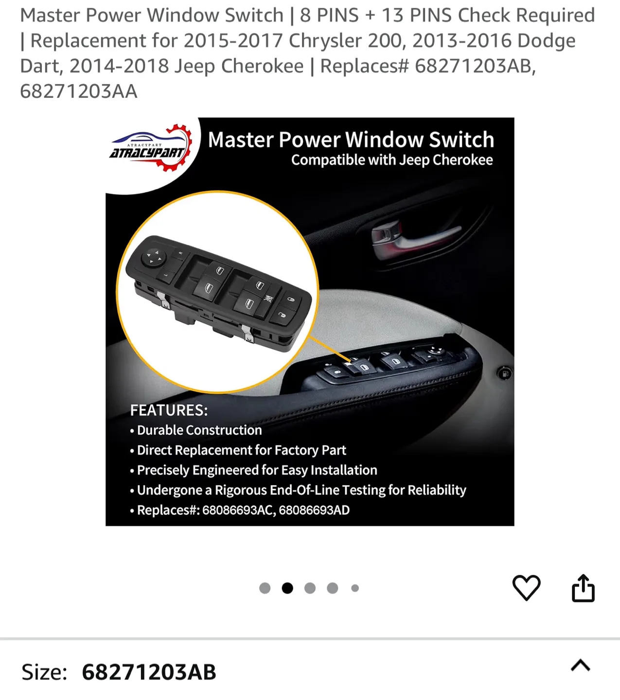 JYWAUTO Driver Side Master Power Window Switch 68110866AB image indicator(5)