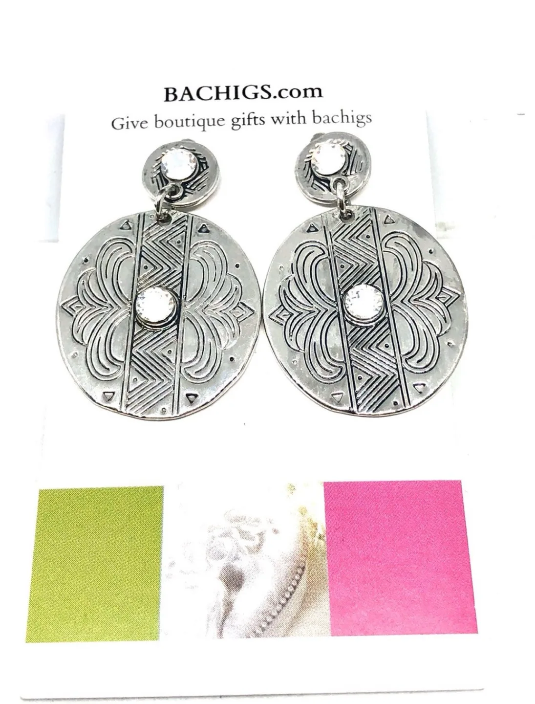 Silver Tone Dangle Earrings with Clear Crystals image indicator(2)