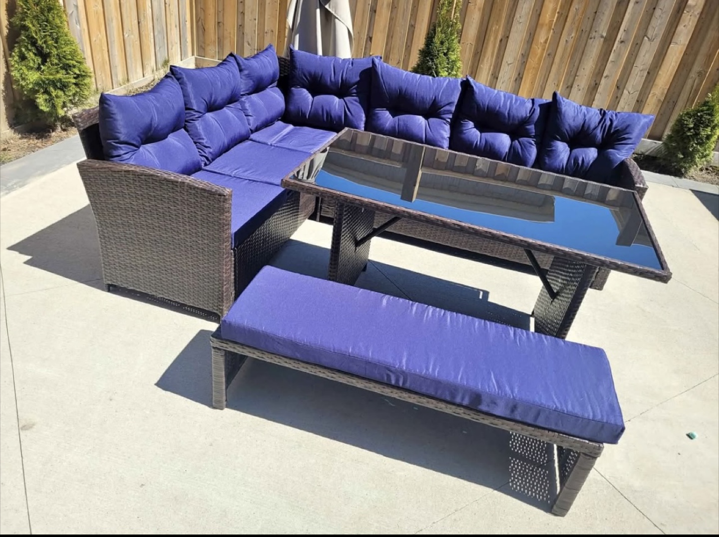 Outdoor Wicker Patio Conversation Set with Table and Bench