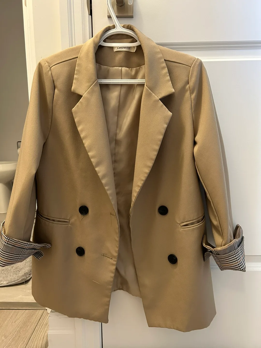 Tan Double-breasted Blazer with Plaid Cuffs thumbnail