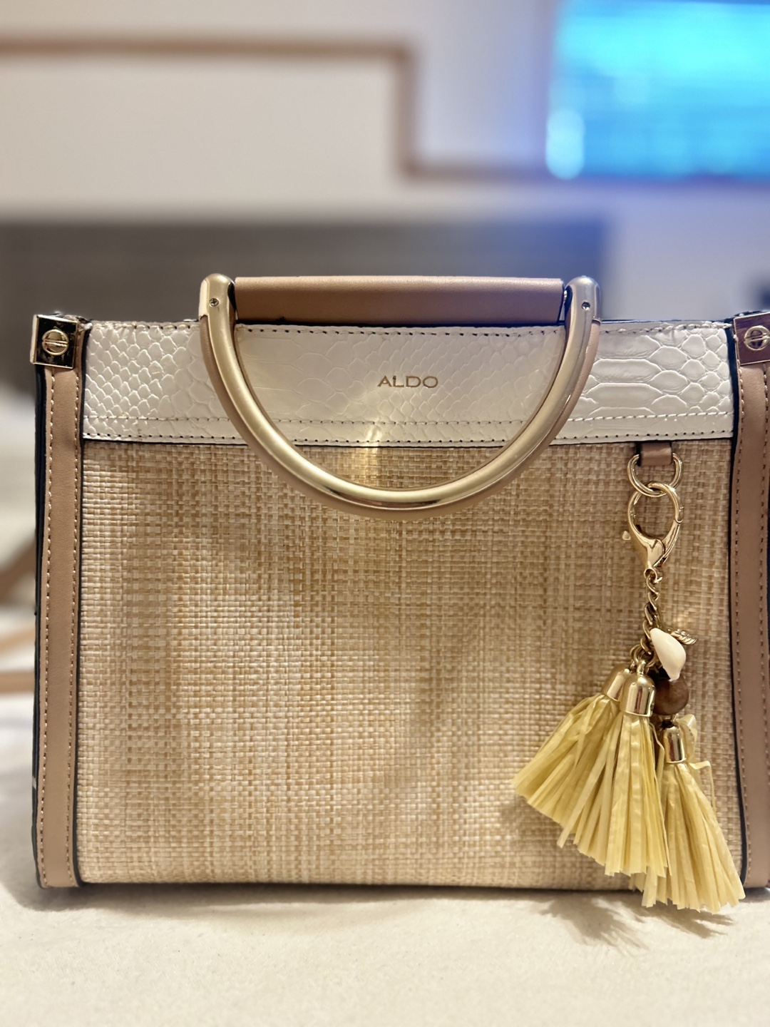 ALDO Beige and White Woven Handbag