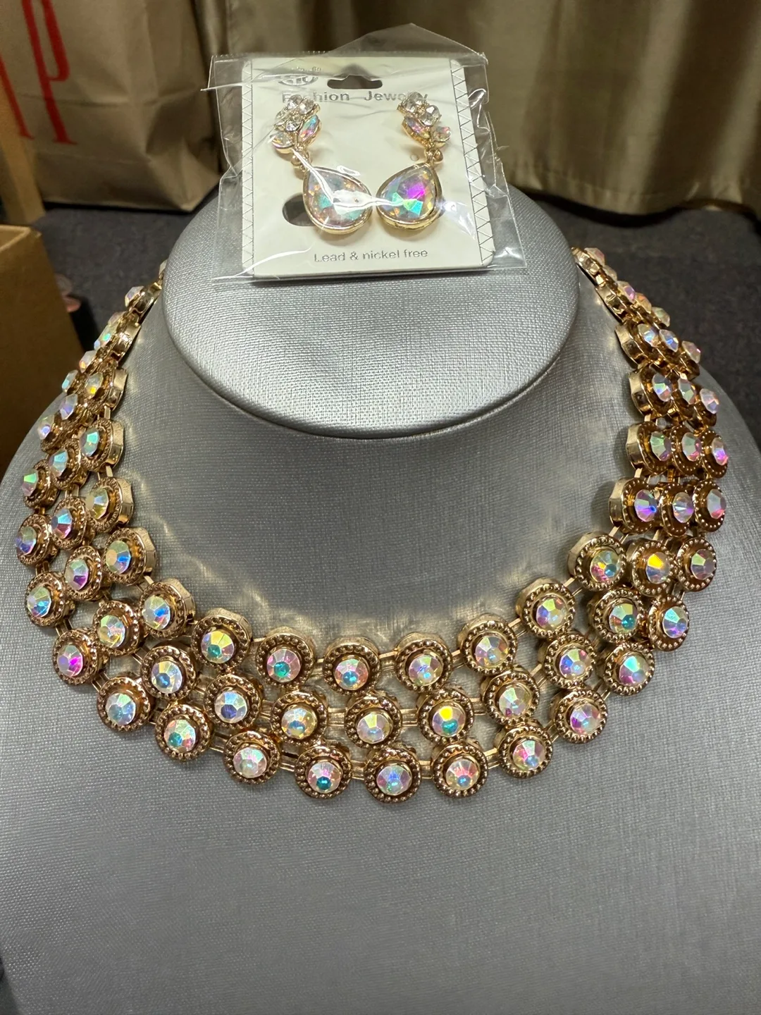 Gorgeous iridescent rhinestone necklace and earring set thumbnail