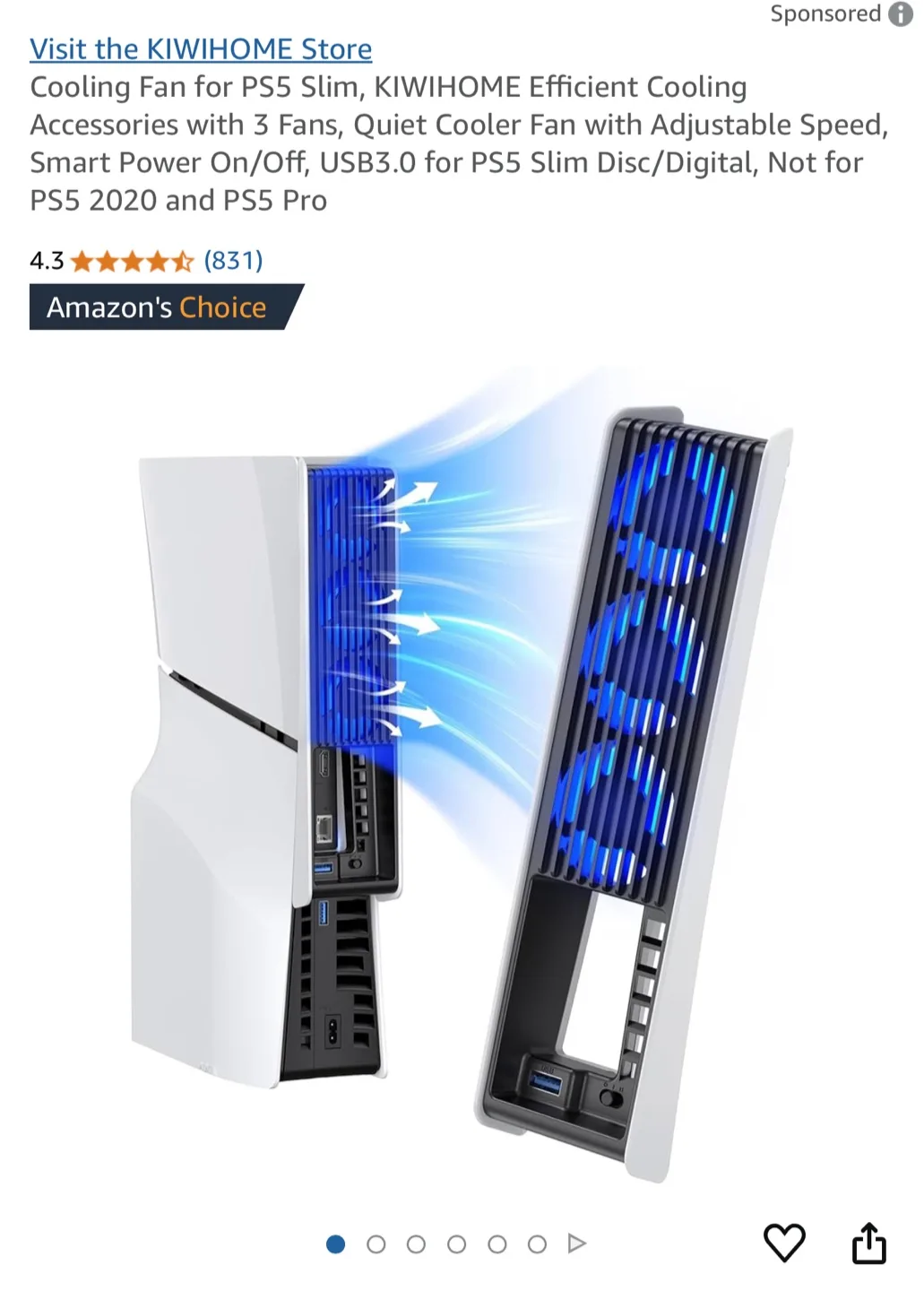 KIWIHOME PS5 Slim Cooling Fan - External Cooler with 3 Fans thumbnail