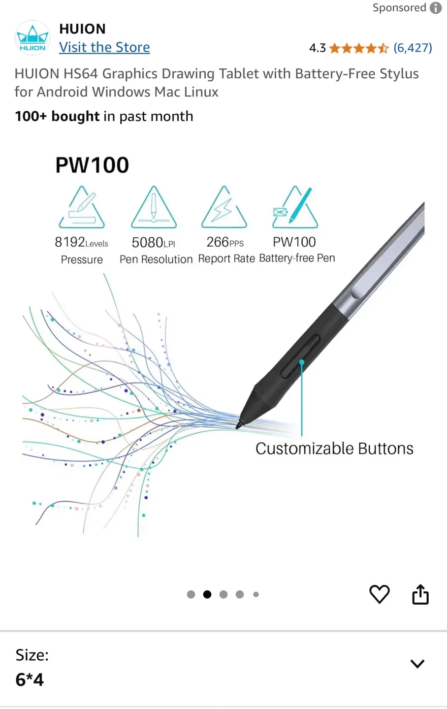 HUION HS64 Graphics Drawing Tablet with Battery-Free Stylus thumbnail