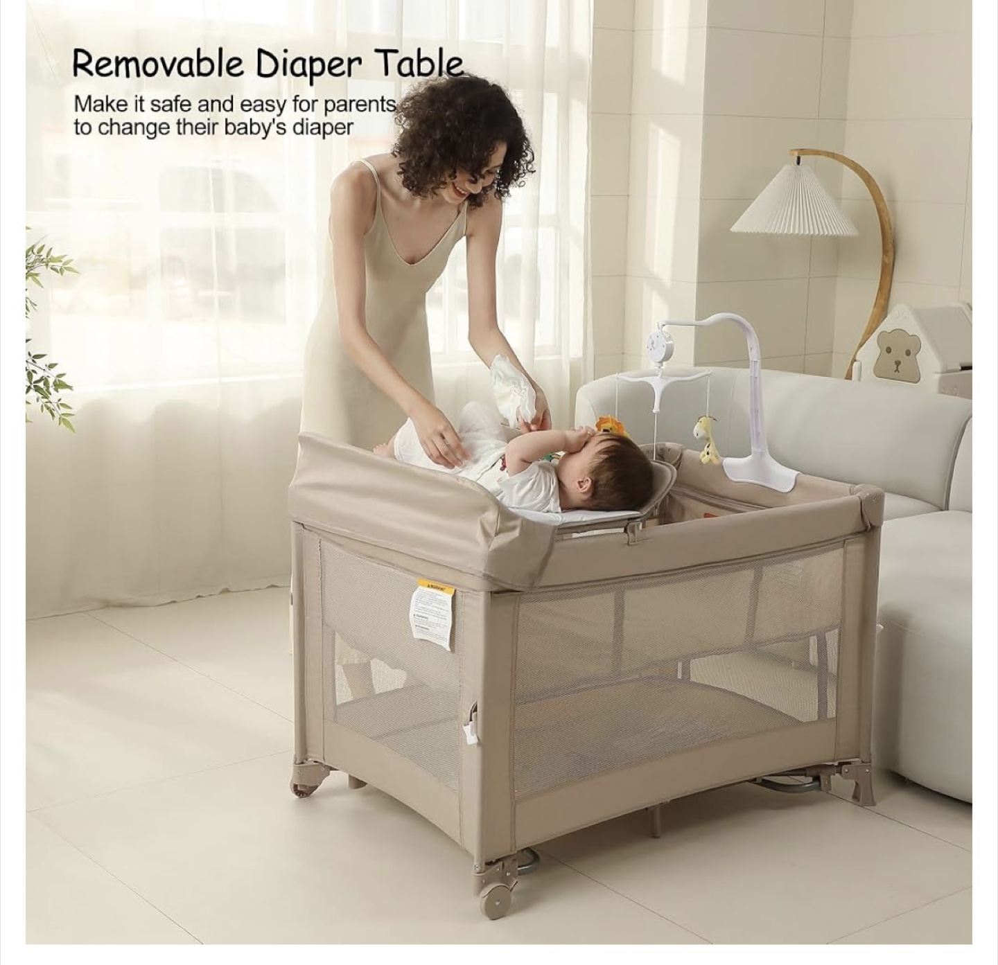 5 in 1 Baby Playard, Bedside Crib w Changing Table. New. Beige. - photo 2