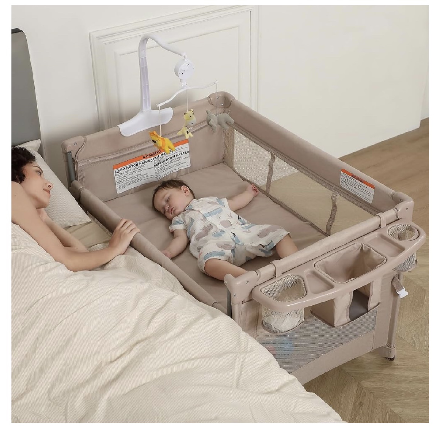 5 in 1 Baby Playard, Bedside Crib w Changing Table. New. Beige. - photo 4