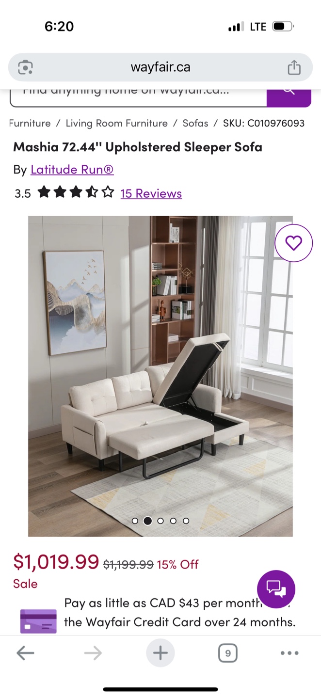 In the box- Unopened- Latitude Run Mashia 72.44" Sleeper Sofa
