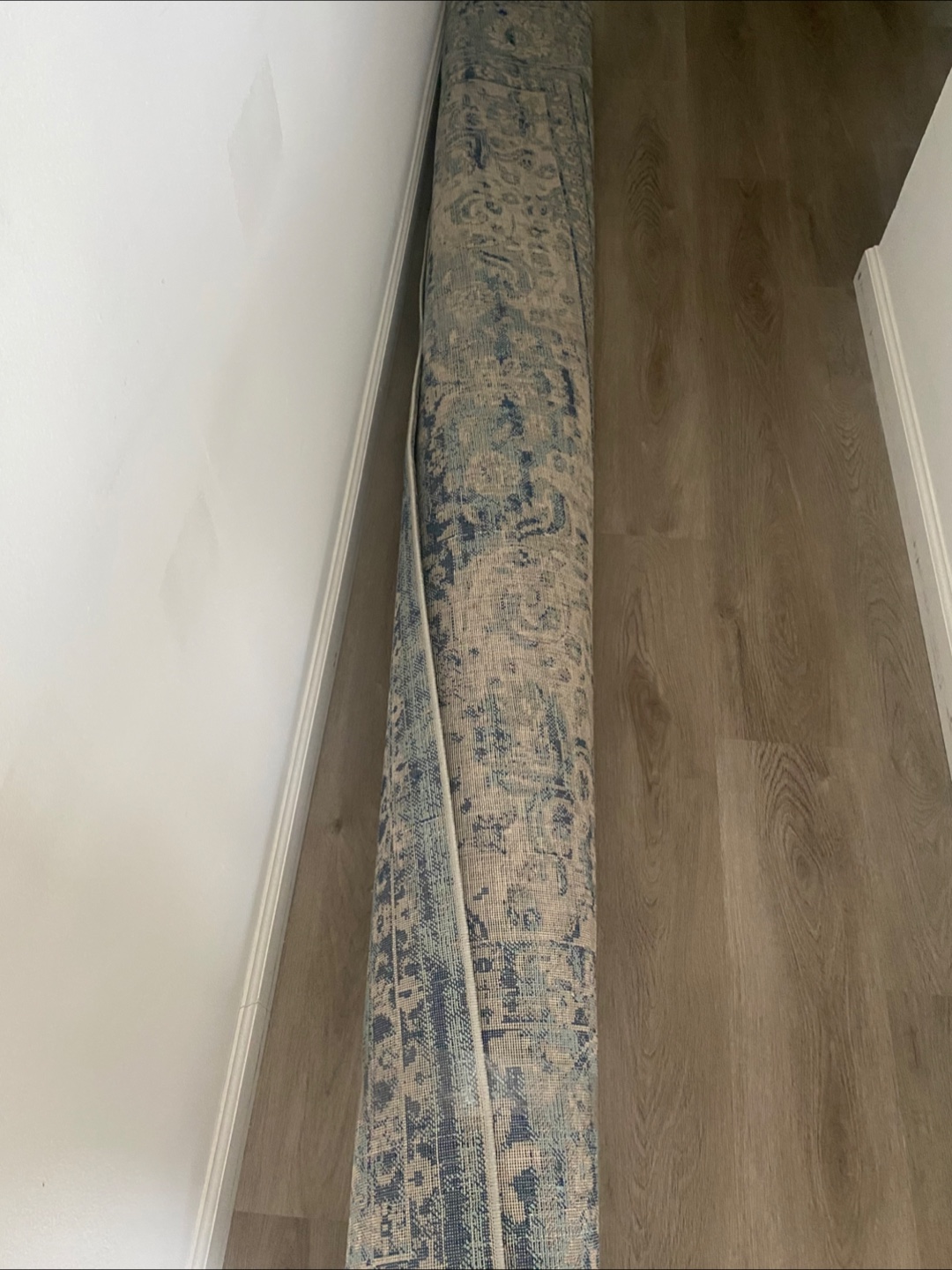 Rolled Blue and Beige Area Rug