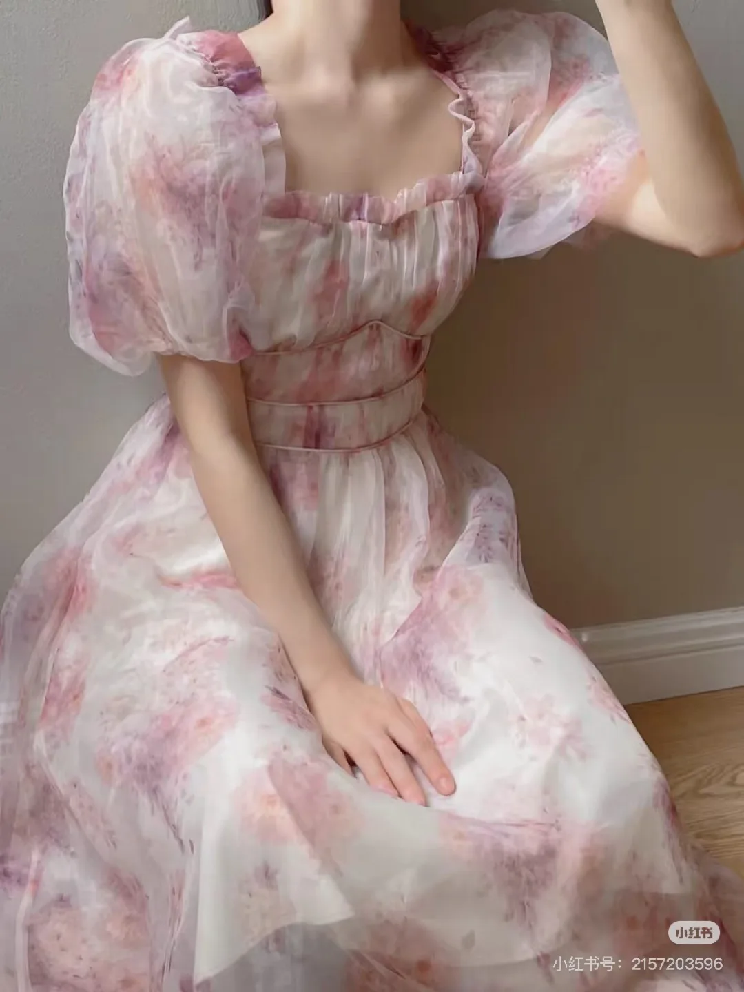 Pink floral puff sleeve dress thumbnail