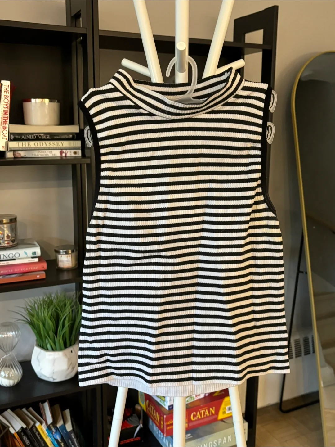 Black and White Striped Sleeveless Mock Neck Top thumbnail