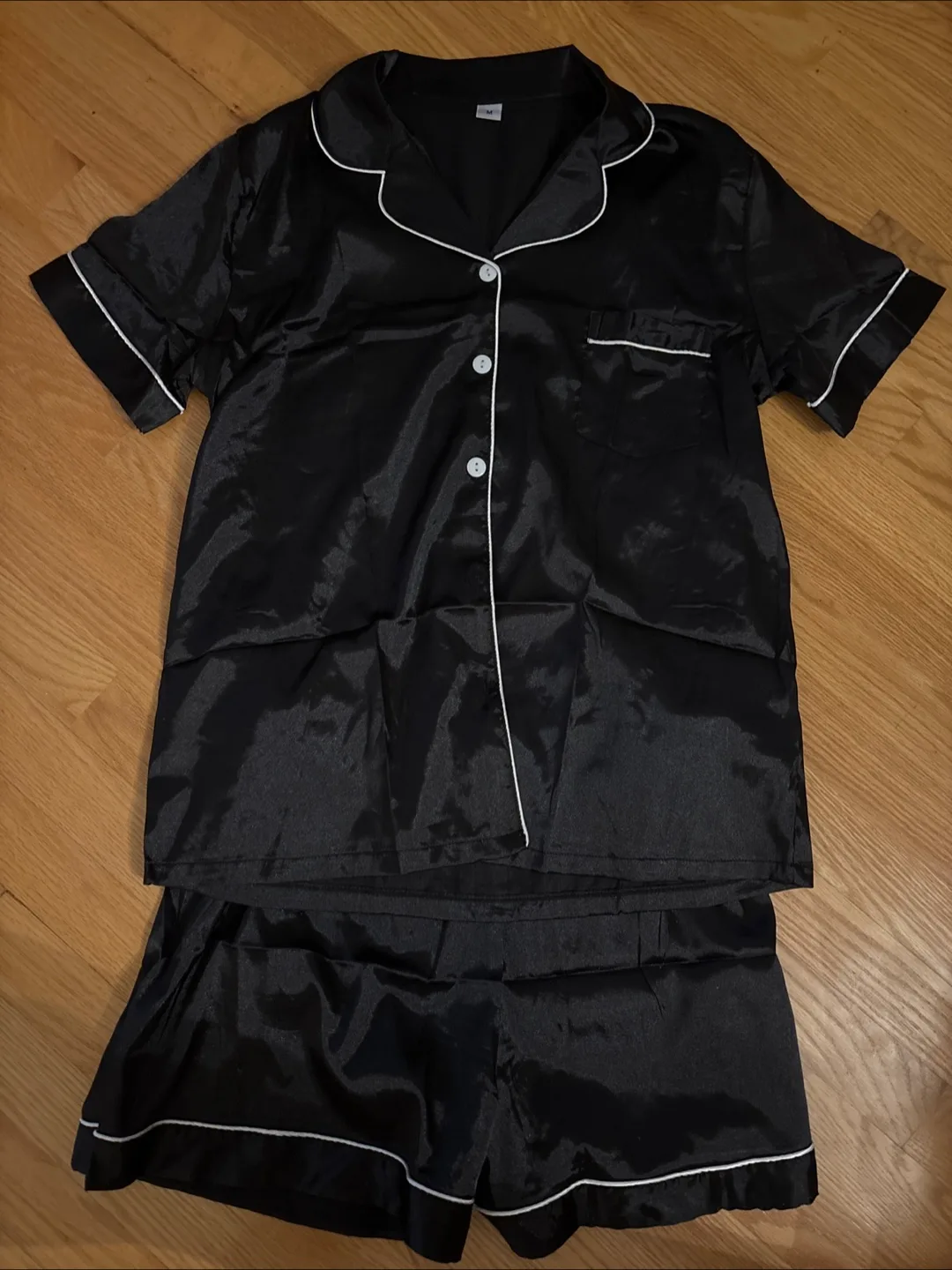 Women's Black Satin Pajama Set - Short Sleeves & Shorts image indicator(2)