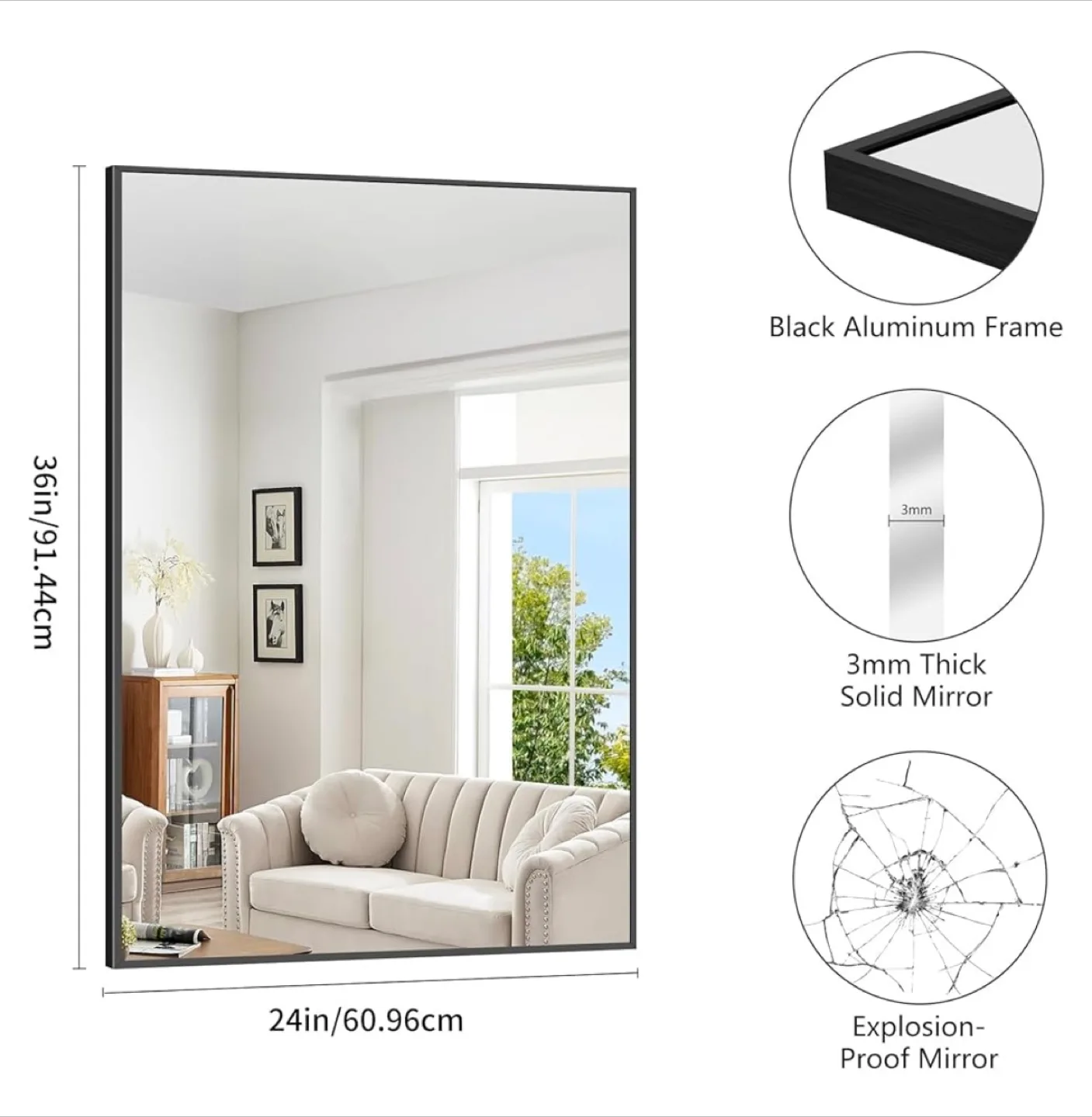 Black Mirror w Metal Frame 24x36” New in Box (small scratch) image indicator(6)