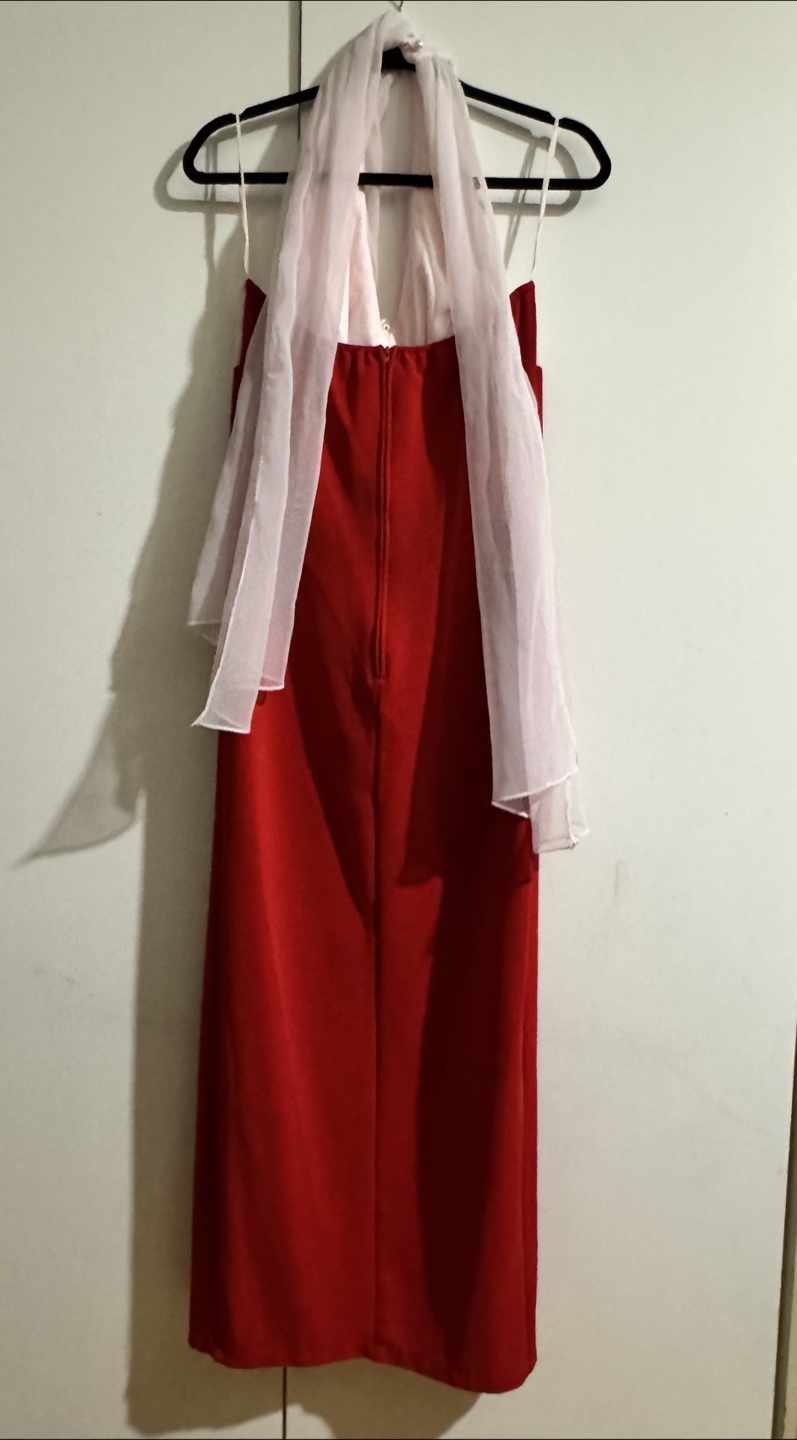 Red Halter Long Dress with Sheer Scarf - photo 2