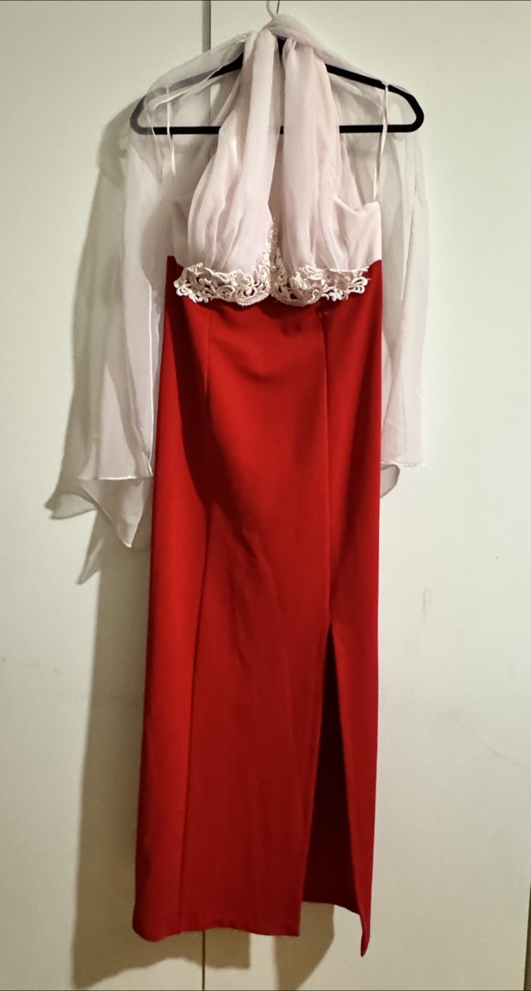 Red Halter Long Dress with Sheer Scarf
