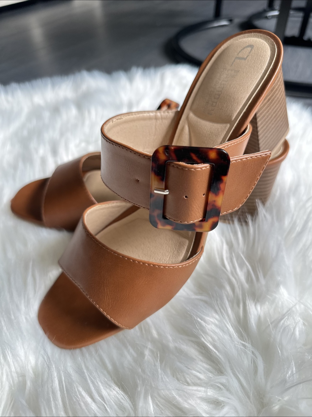 Brown Leather Double Buckle Block Heel Sandals