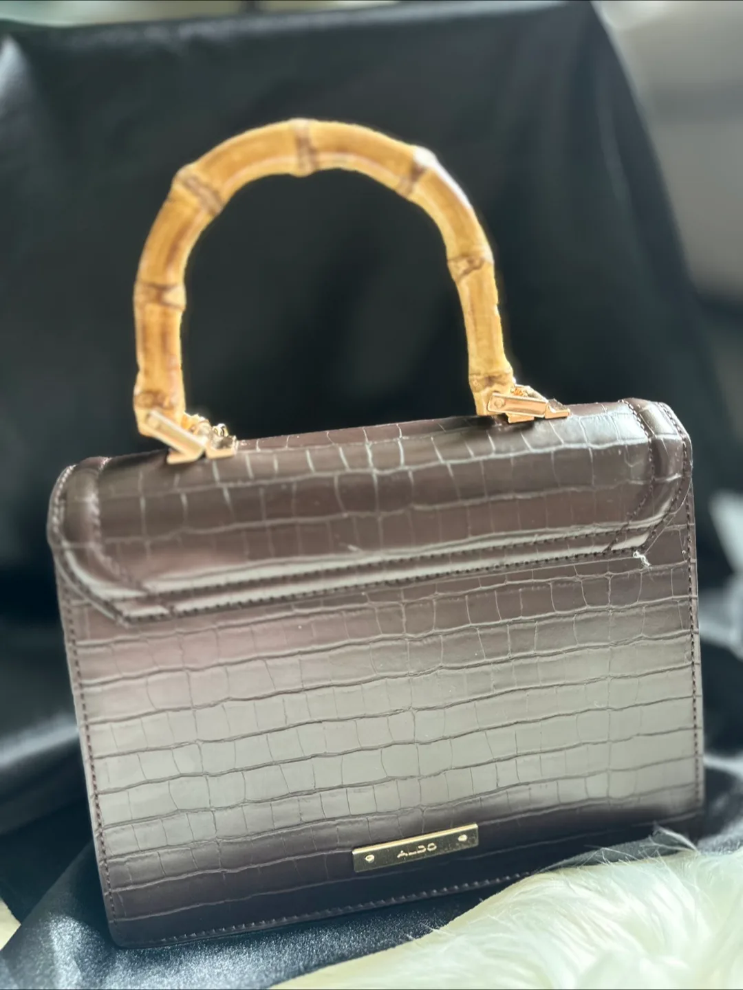 ALDO Dark Brown Croc-Embossed Handbag with Bamboo Handle image indicator(2)