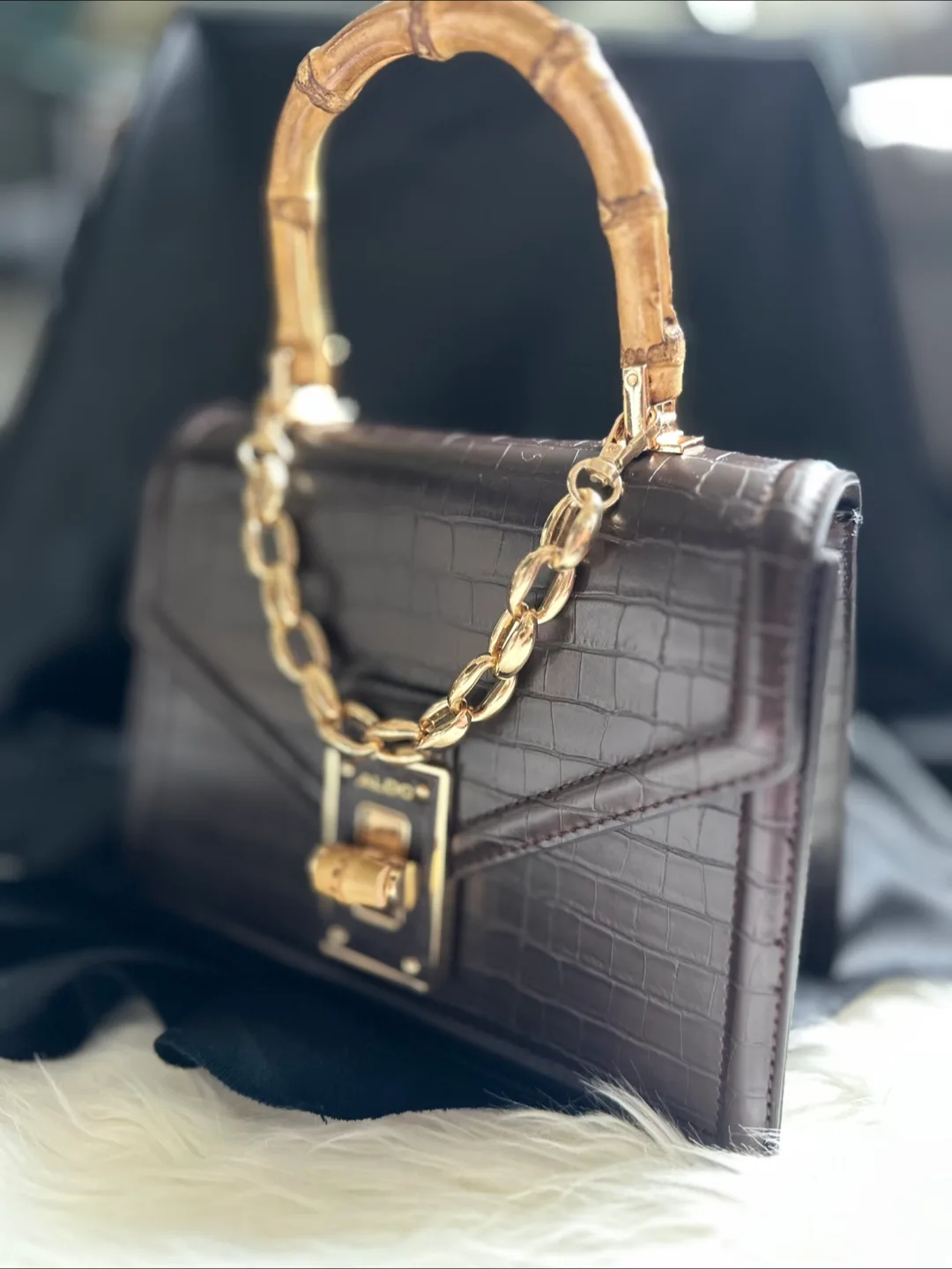 ALDO Dark Brown Croc-Embossed Handbag with Bamboo Handle image indicator(3)