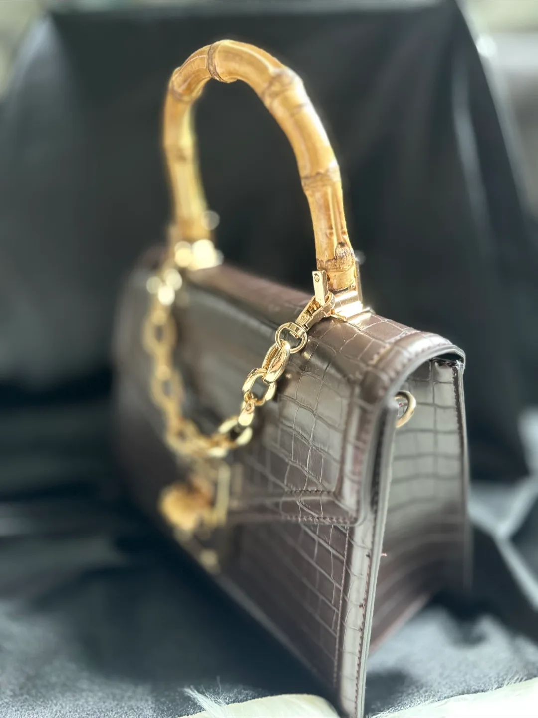 ALDO Dark Brown Croc-Embossed Handbag with Bamboo Handle image indicator(4)