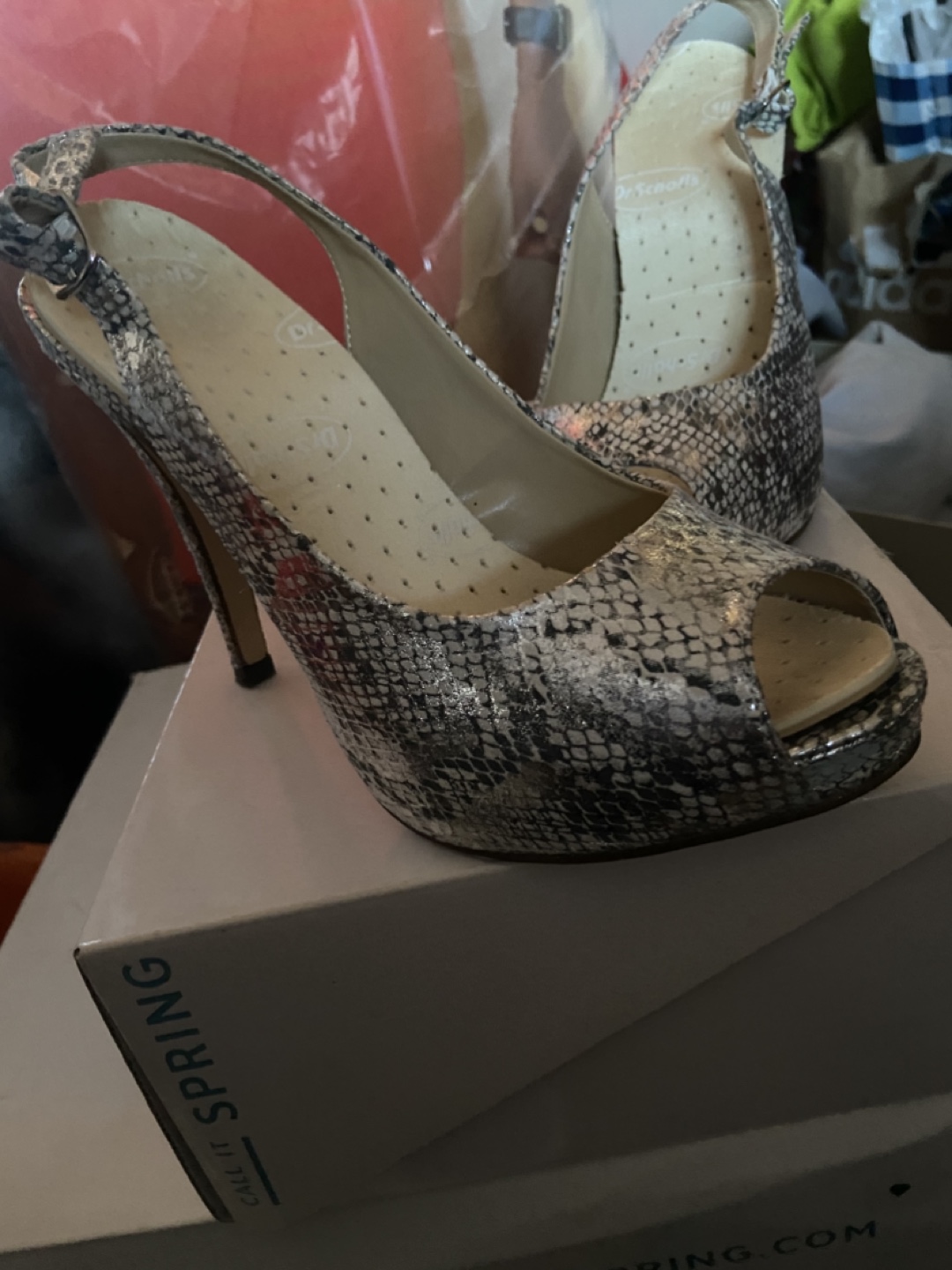 Silver Snakeskin Peep-Toe Slingback Heels - photo 2