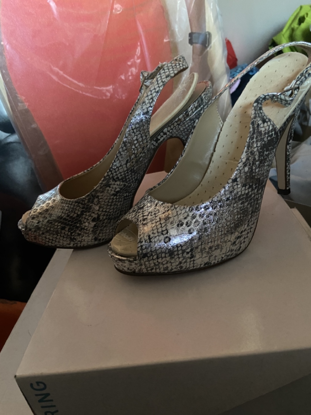 Silver Snakeskin Peep-Toe Slingback Heels - photo 3