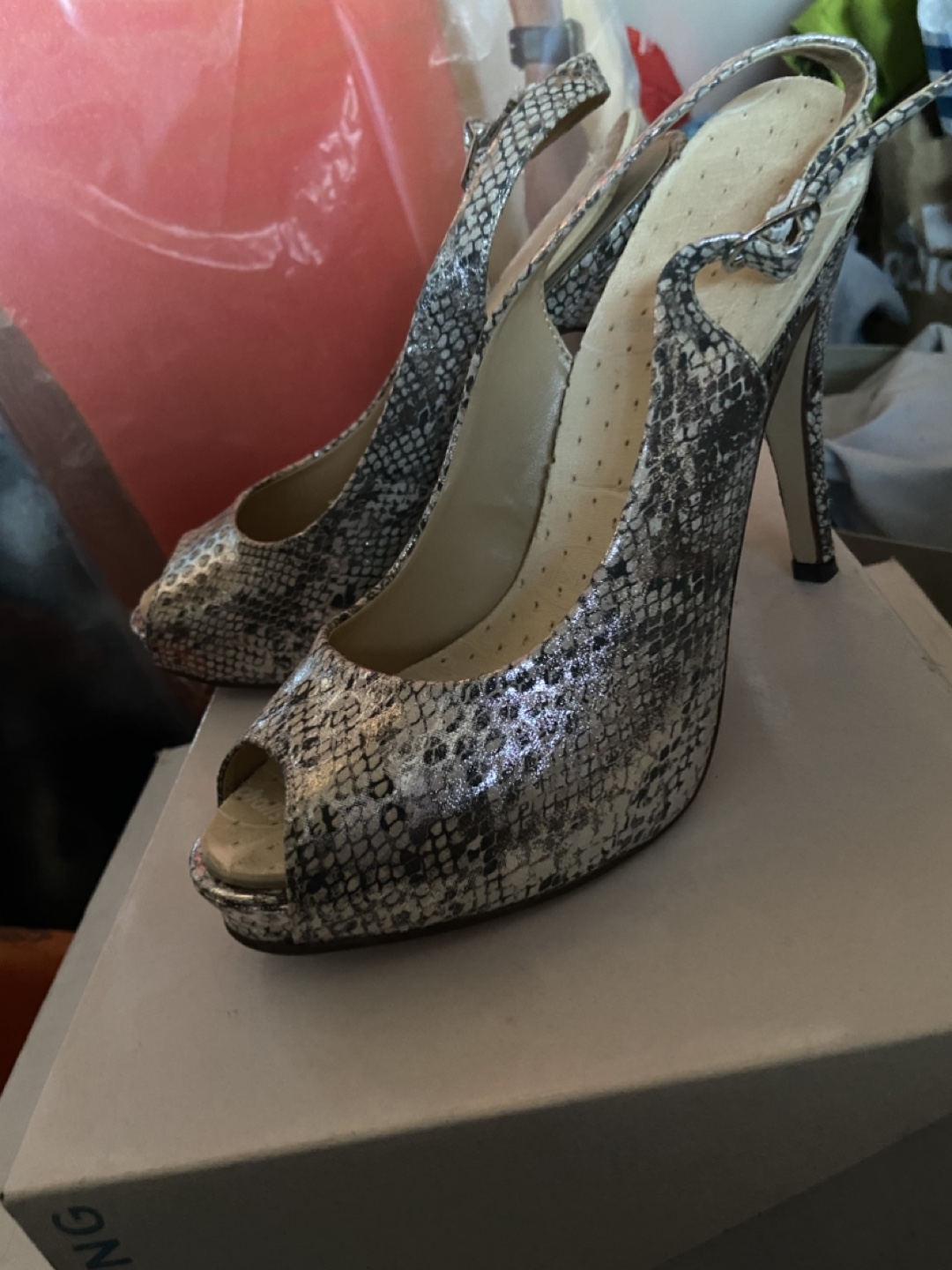 Silver Snakeskin Peep-Toe Slingback Heels
