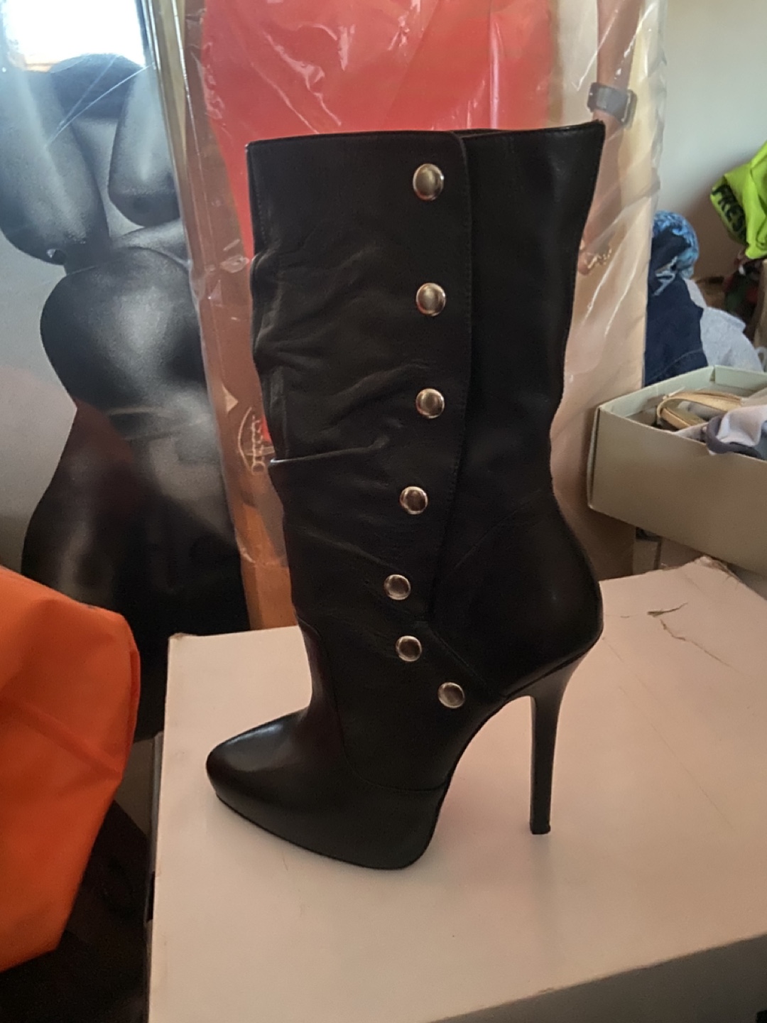 Black Leather Boots with Button Accents