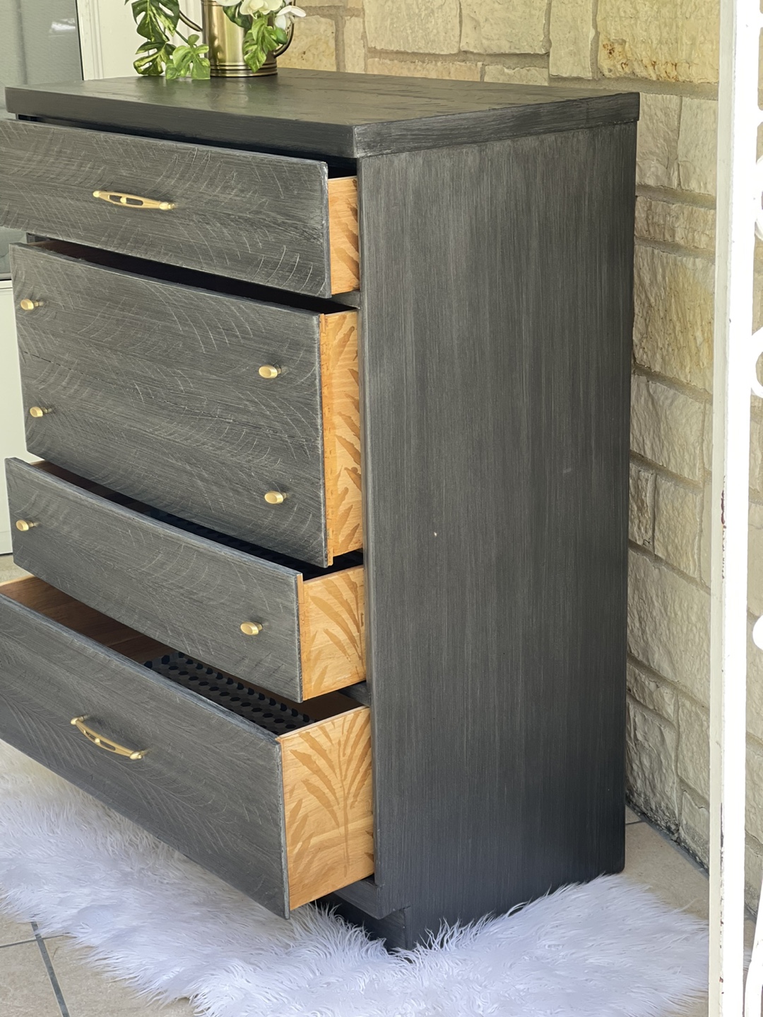 MCM 4 Drawer Highboy Dresser Raised Stencil Gray/Gold - photo 3