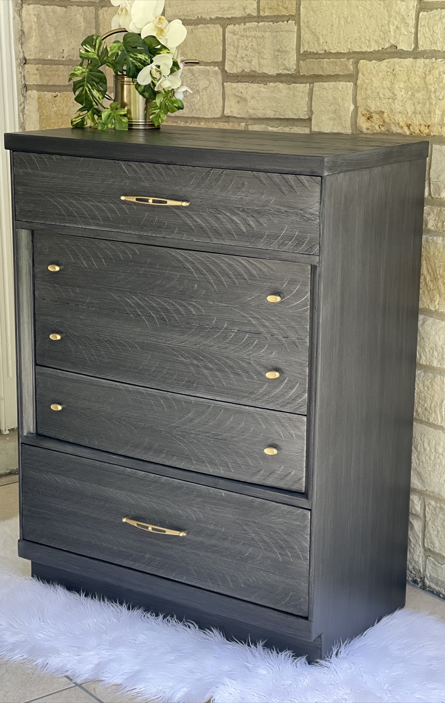 MCM 4 Drawer Highboy Dresser Raised Stencil Gray/Gold - photo 2