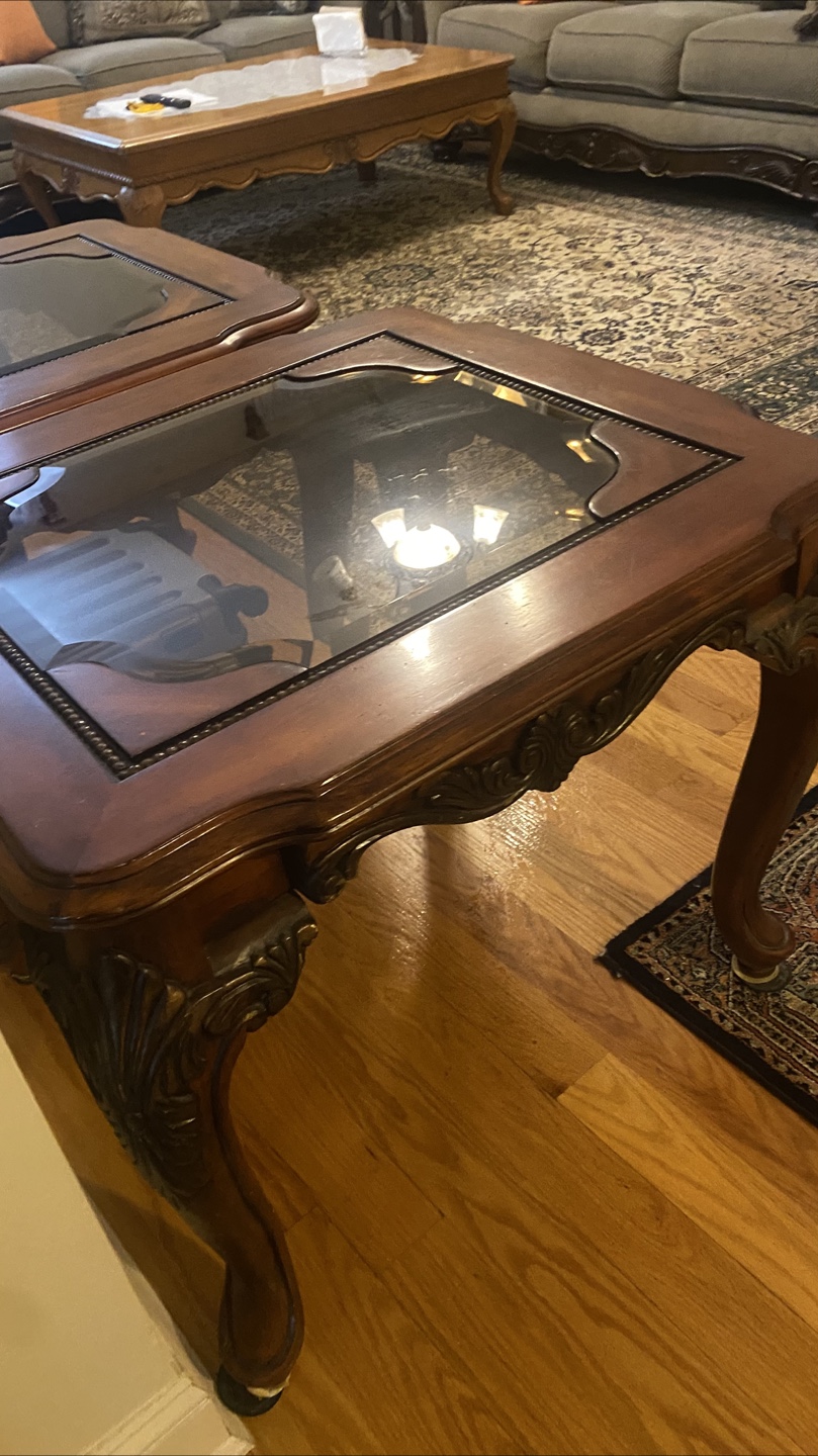 Pair of Ornate Wooden End Tables with Glass Tops - photo 2