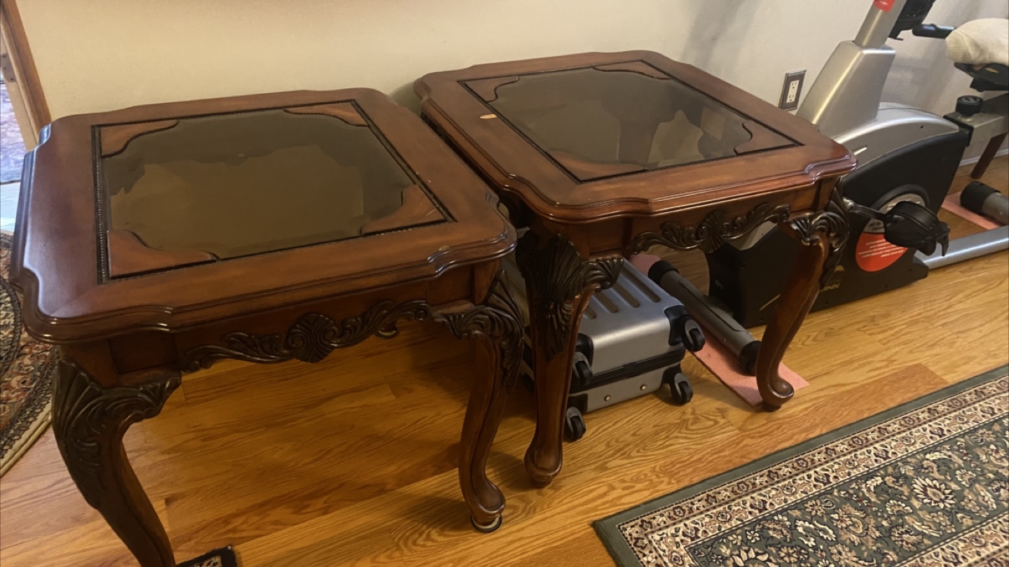 Pair of Ornate Wooden End Tables with Glass Tops