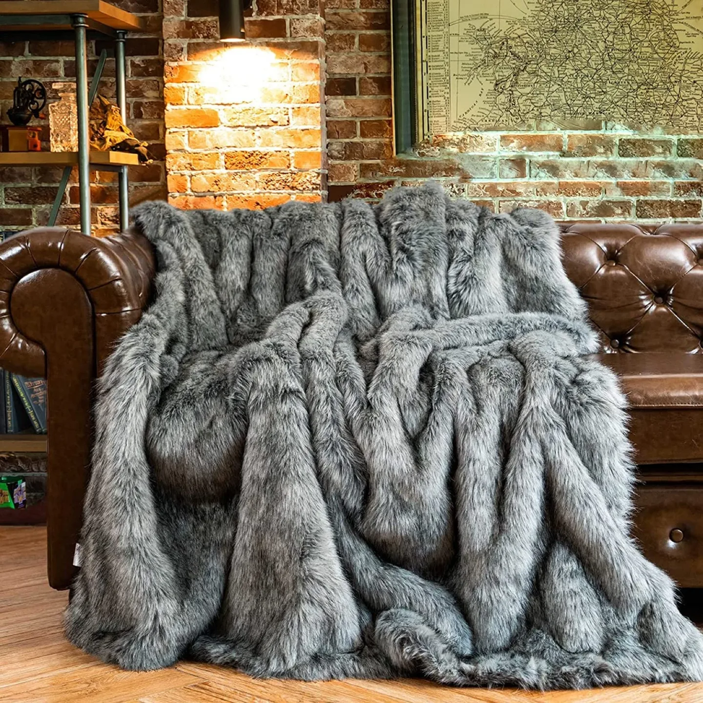BATTILO HOME 60x50 Inch Grey Faux Fur Blanket thumbnail