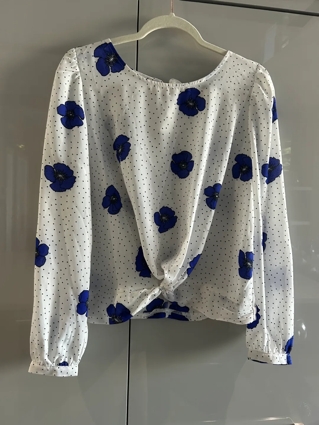 White and Blue Floral Blouse with Tie Detail thumbnail