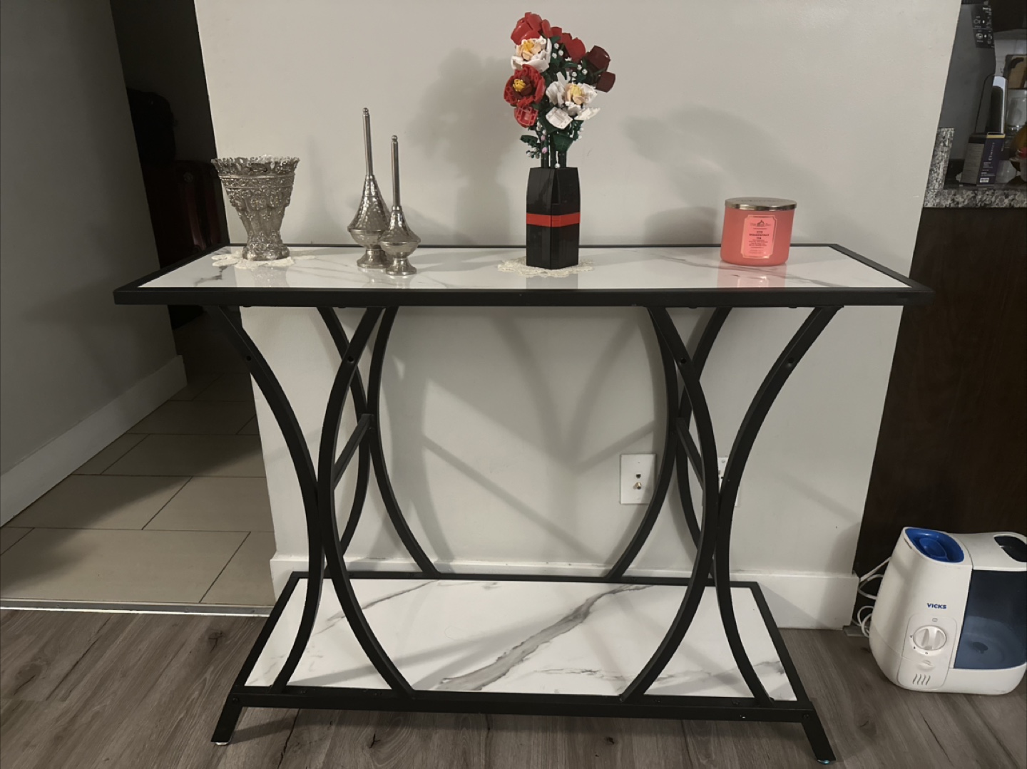 Marble Top Console Table with Black Metal Frame