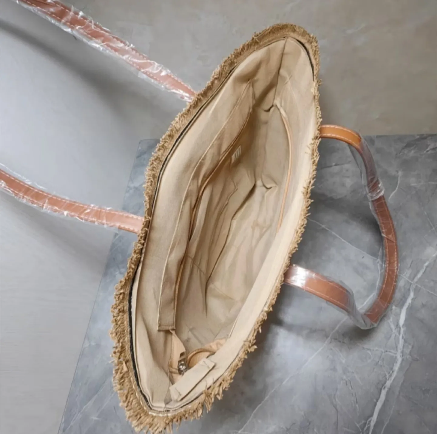 Striped Straw Tote Bag with Leather Handles image indicator(2)