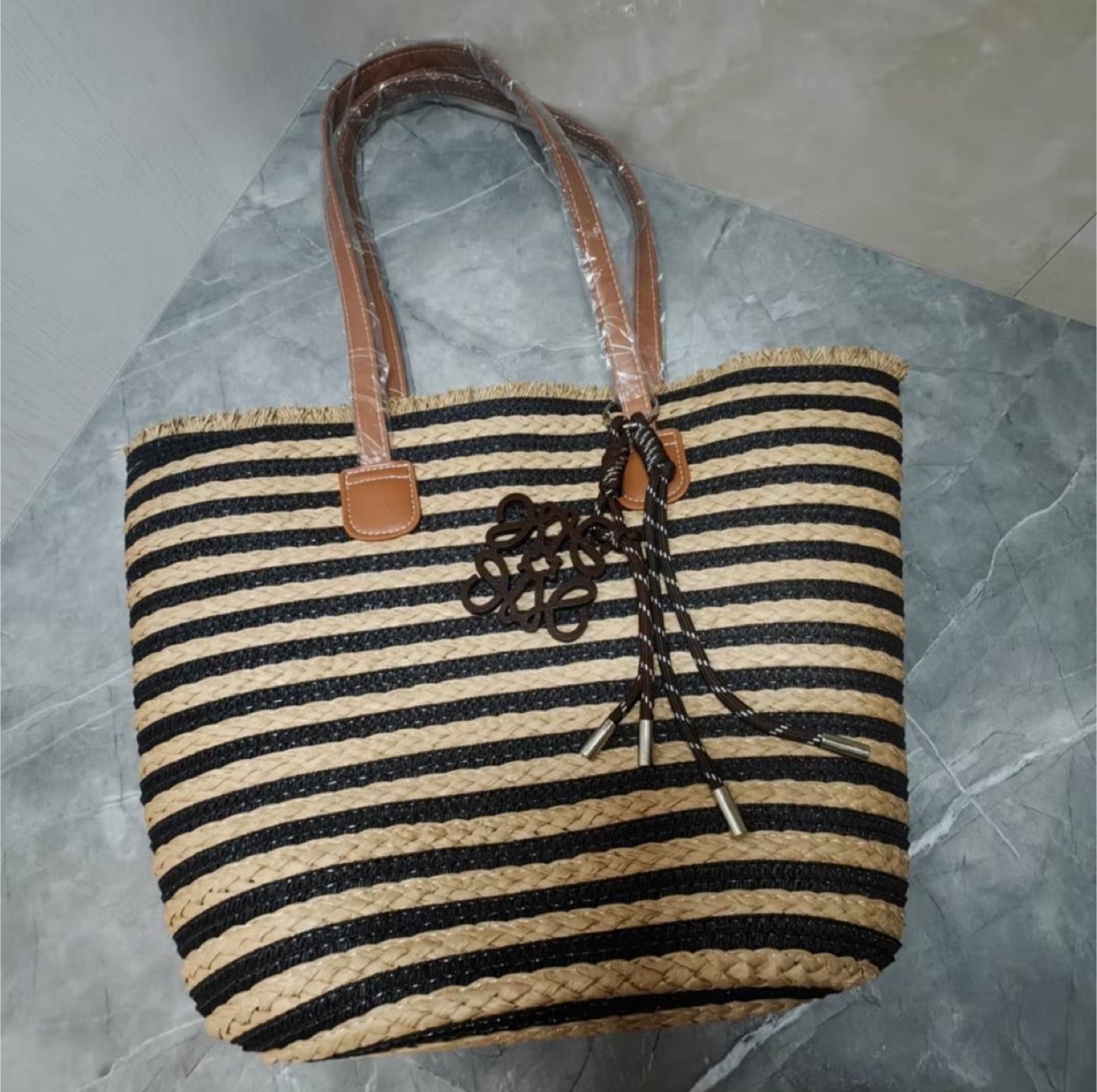 Striped Straw Tote Bag with Leather Handles