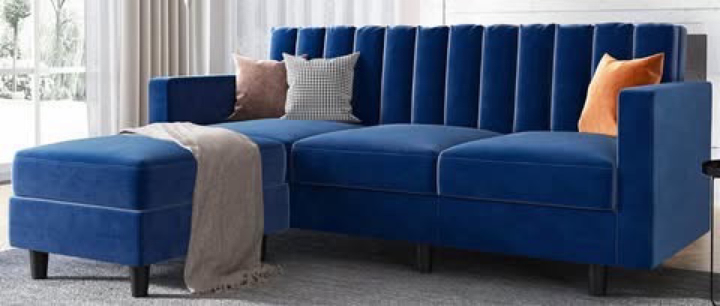 Blue Velvet Sectional Sofa with 3 cushions - photo 2