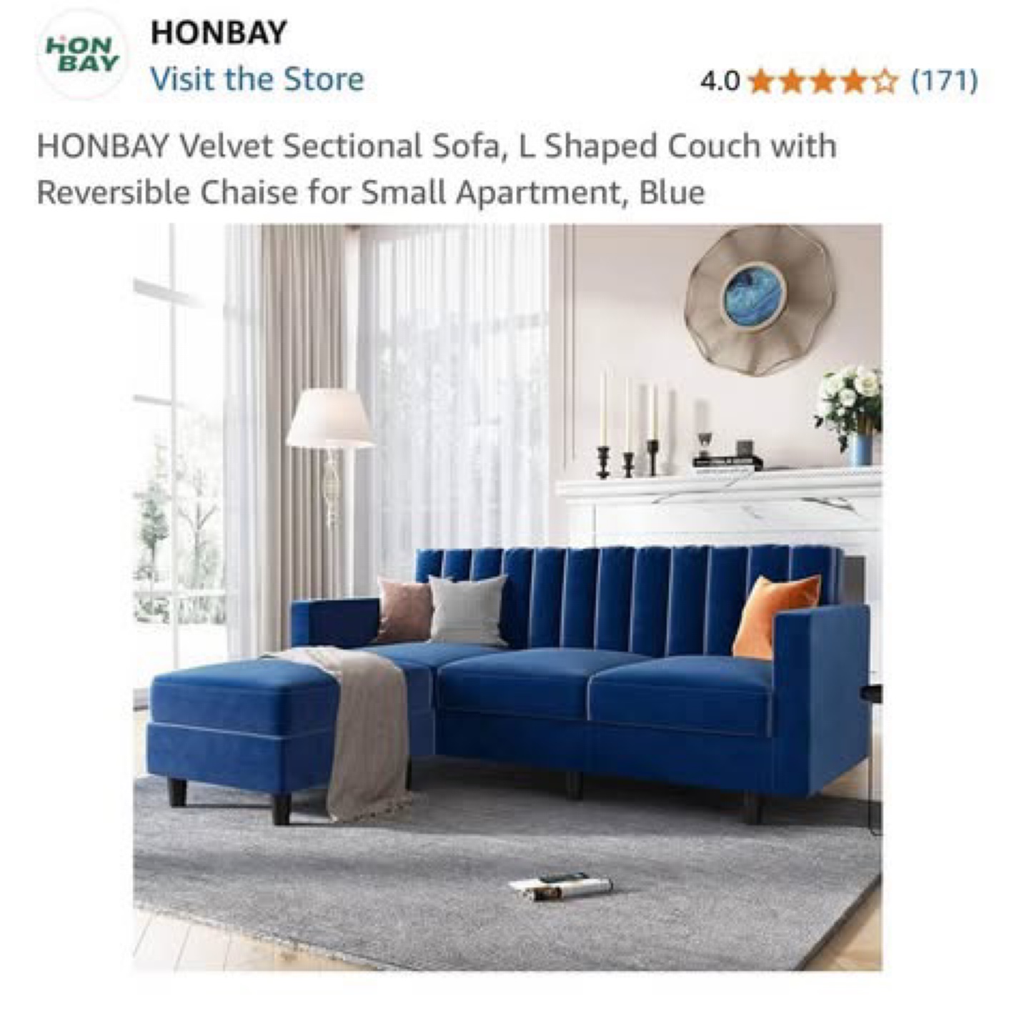 Blue Velvet Sectional Sofa with 3 cushions - photo 4
