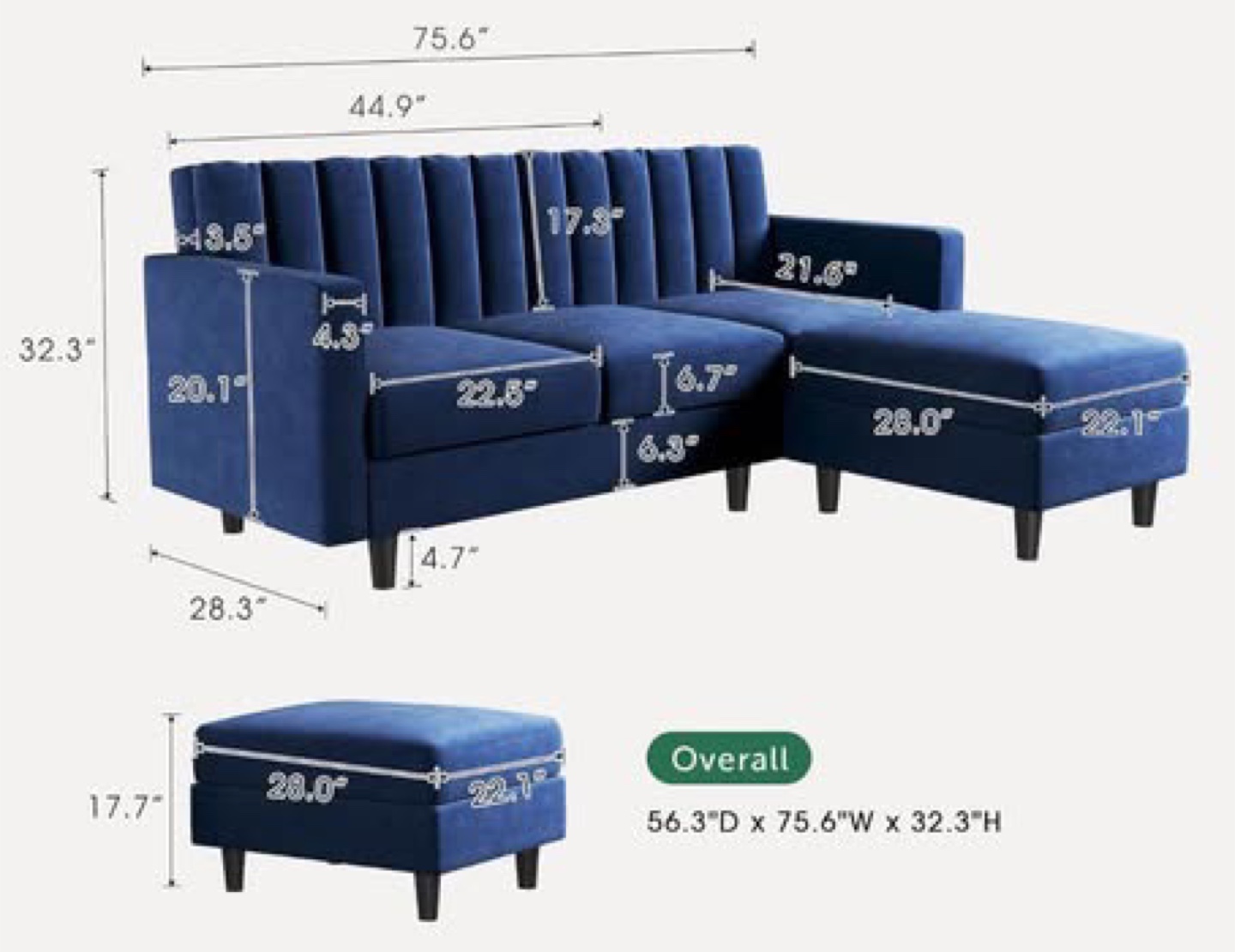 Blue Velvet Sectional Sofa with 3 cushions - photo 5