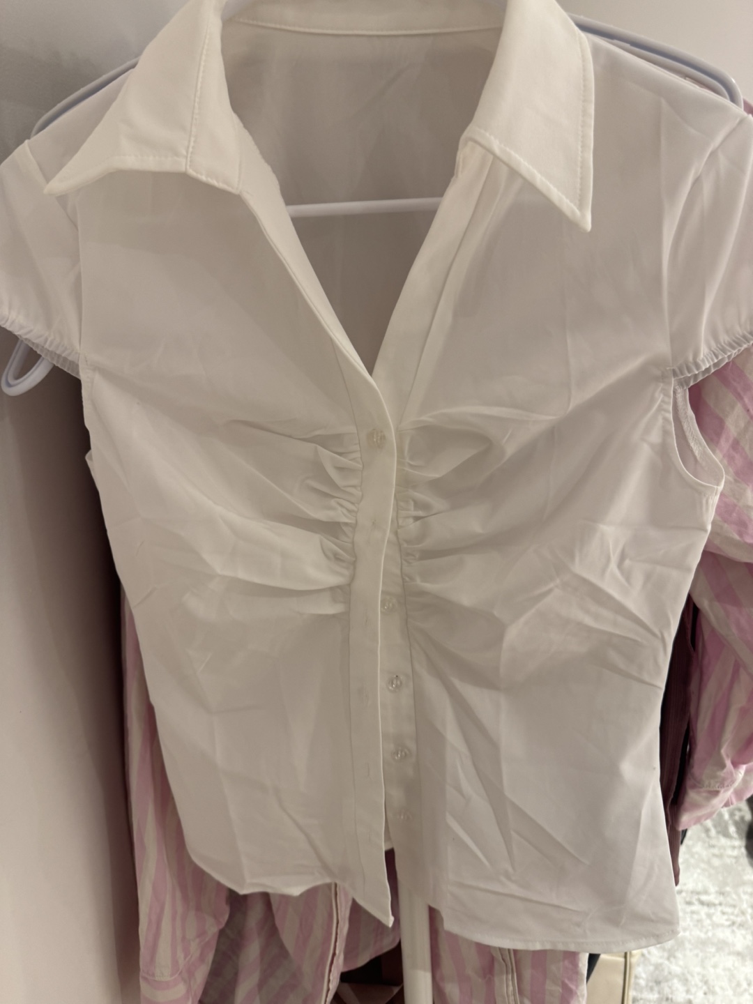 White Button-Up Blouse, Ruched Detail, Short Sleeves - photo 3