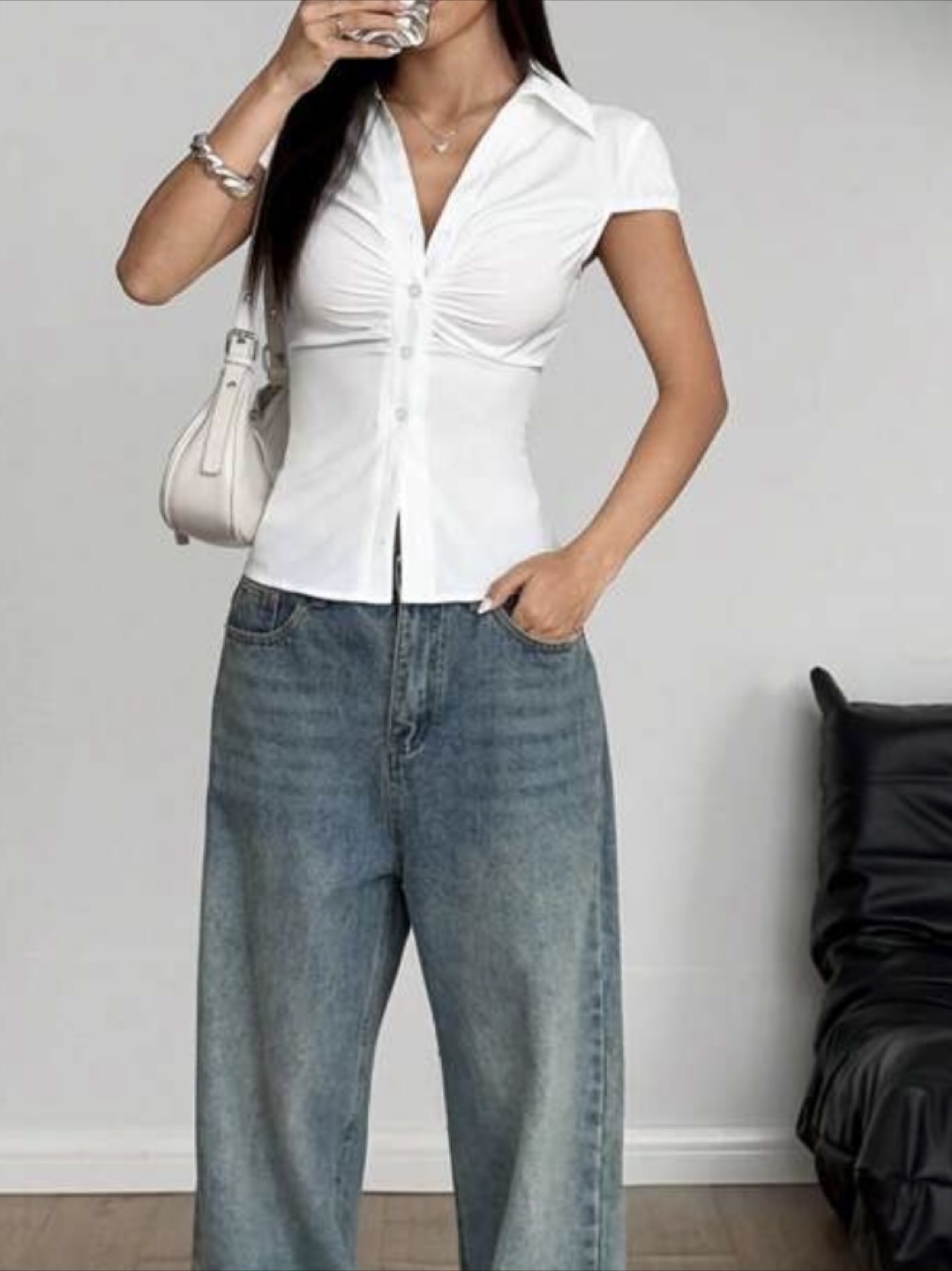 White Button-Up Blouse, Ruched Detail, Short Sleeves - photo 2