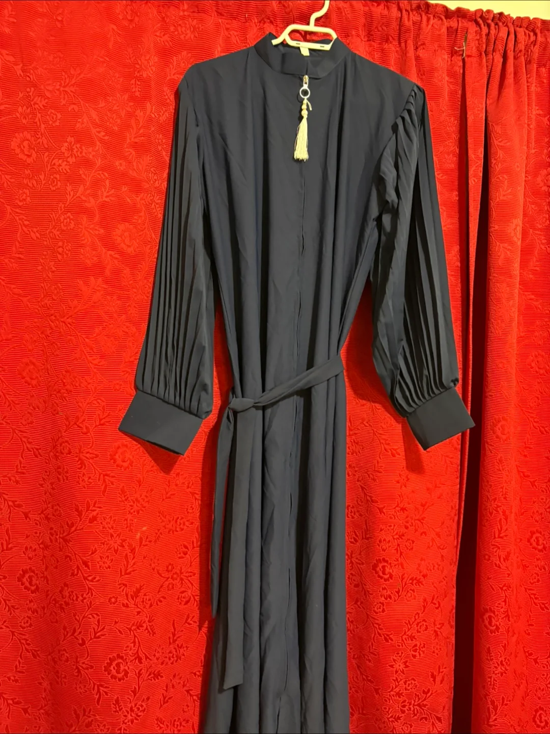 Navy Blue Pleated Maxi Dress with Belt thumbnail