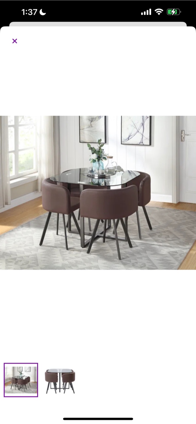 Glass Top Dining Table Set with 4 Brown Chairs