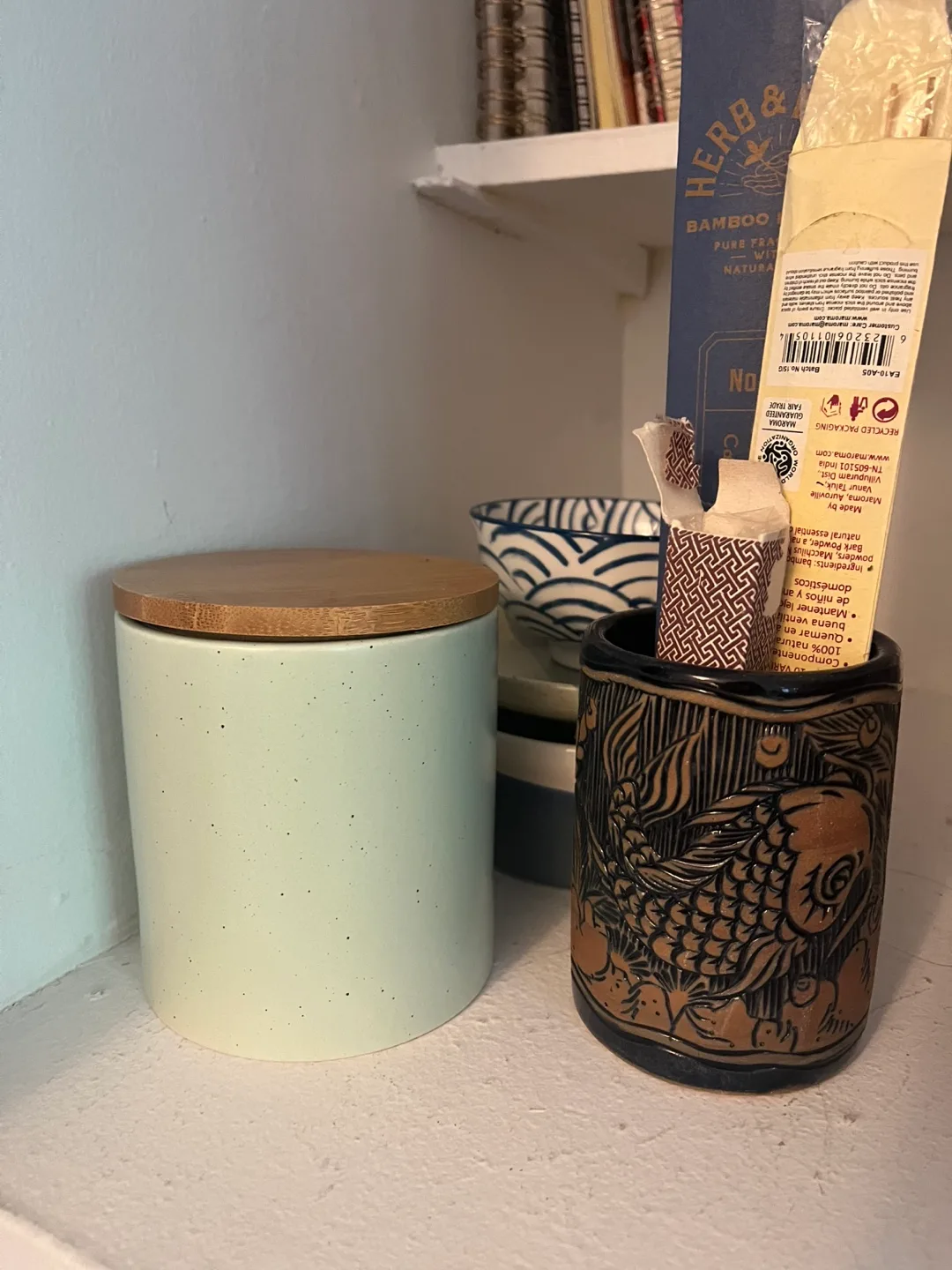 Mint Green Ceramic Jar, Airtight Bamboo Lid thumbnail