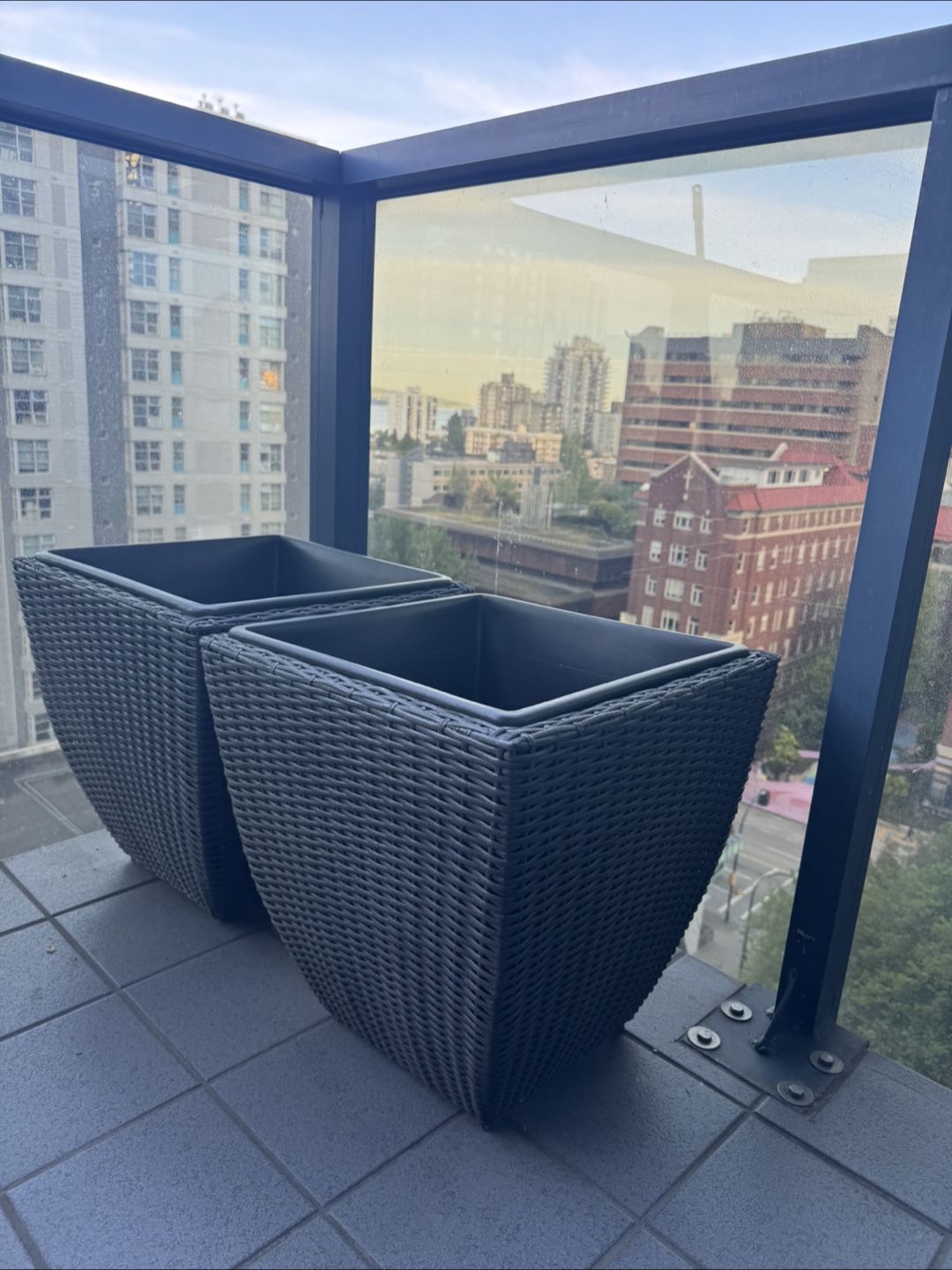 Pair of Black Resin Wicker Planters