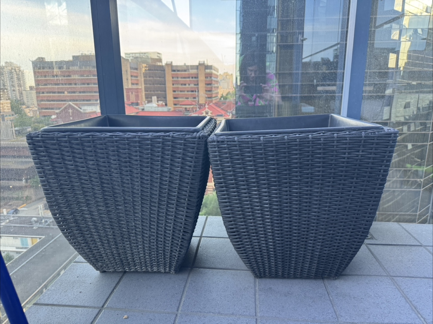 Pair of Black Resin Wicker Planters - photo 2