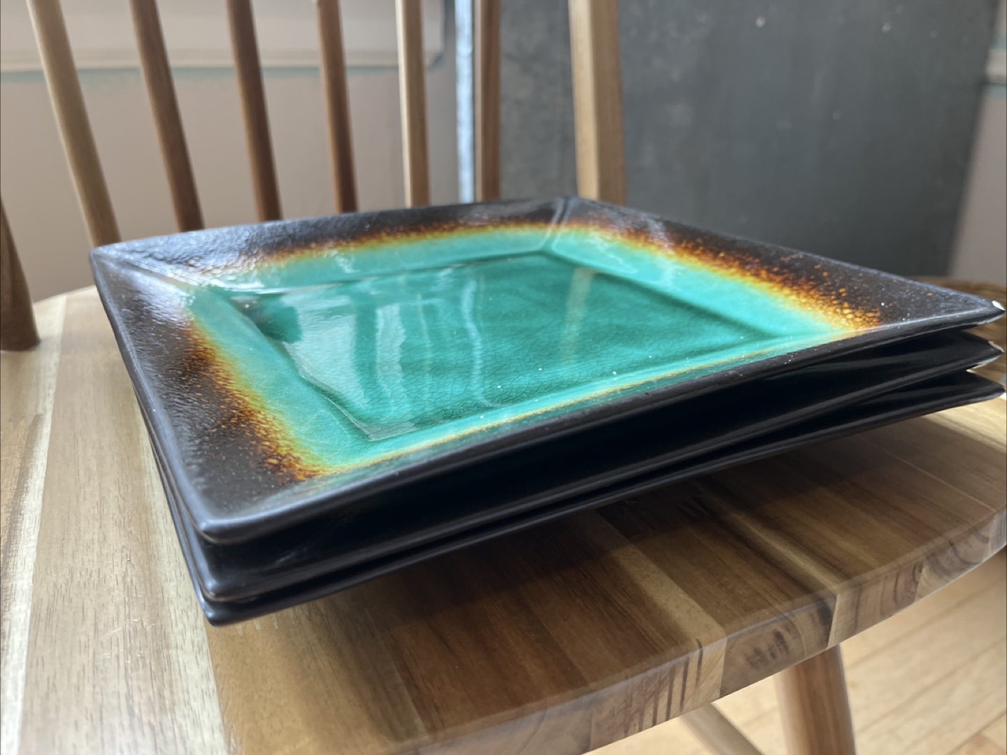Set of 3 Square Teal Ceramic Dinner Plates - photo 2